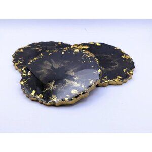 Set of 3 Coasters Black and Gold Geode Shaped 5" Gold Edged Cork Backed HandMade